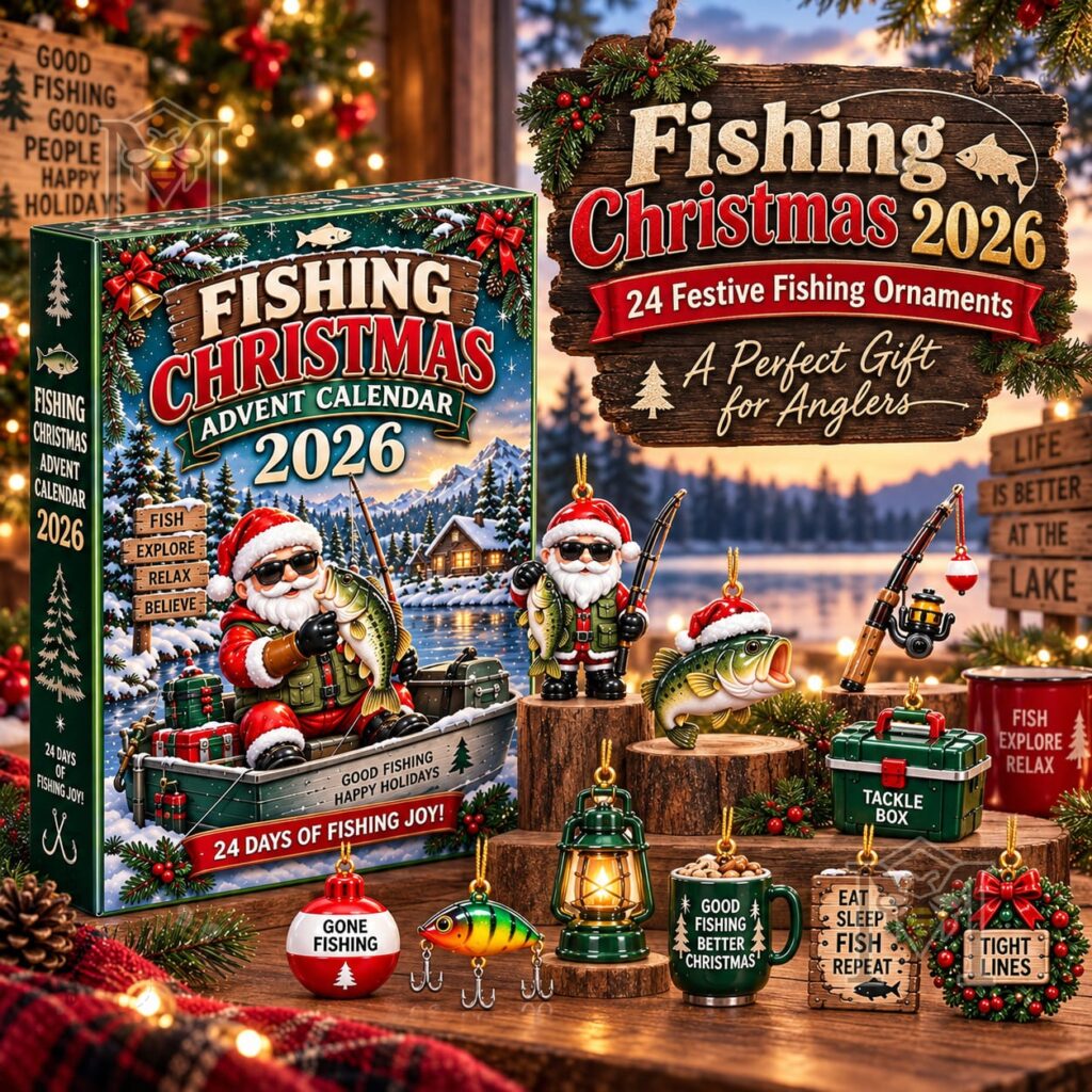 Fishing Christmas 2026 Advent Calendar – Front box with Santa anglers Fishing Christmas 2026 Advent Calendar - front box with Santa anglers and ornaments