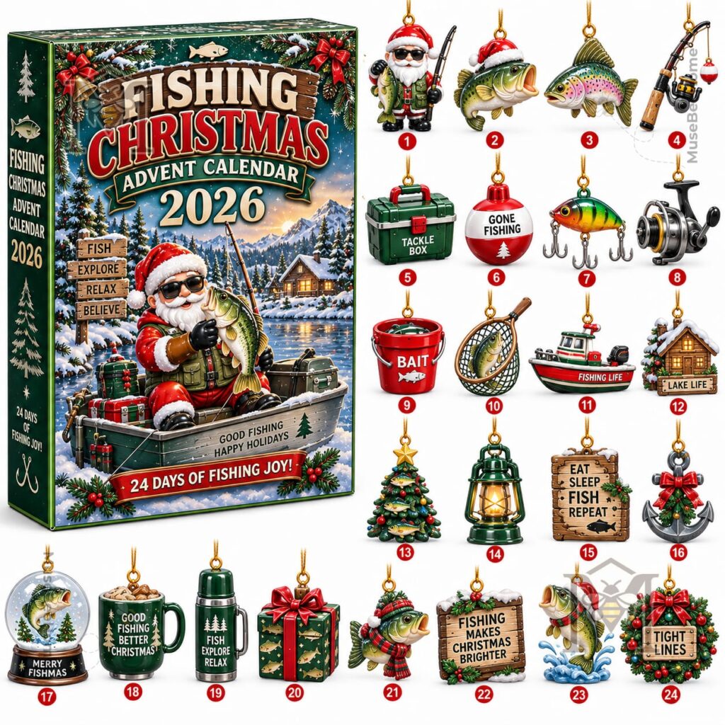 Fishing Christmas 2026 Advent Calendar - side panel showing fishing Christmas lettering