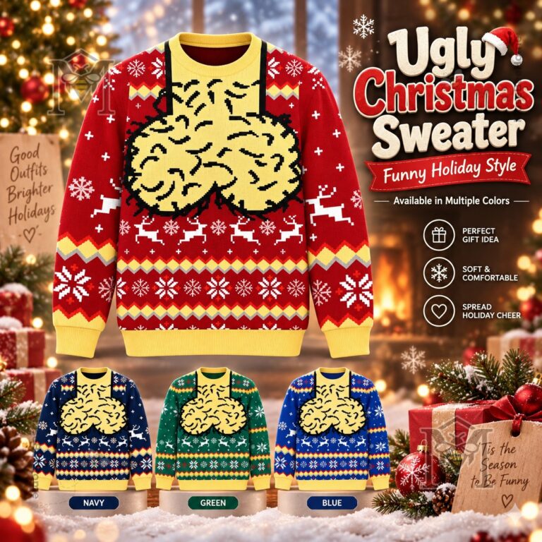 Funny Jingle Balls Christmas Ugly Christmas Sweater - front view with red design and available color options