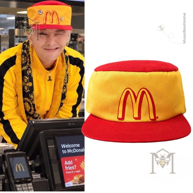 G-Dragon McDonald's Employee Cap - front product view beside a wear reference