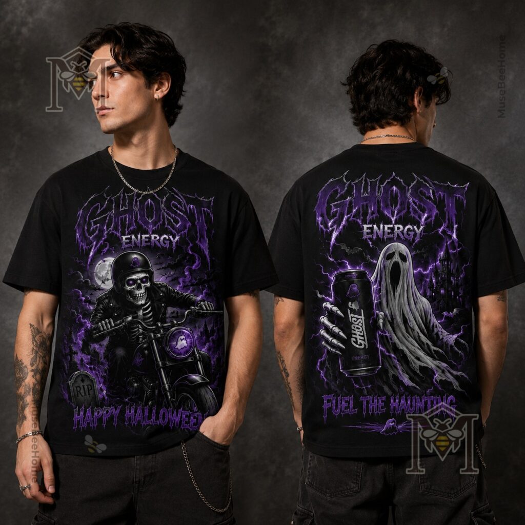 Ghost Energy Skeleton Biker Halloween T-Shirt - photo 3