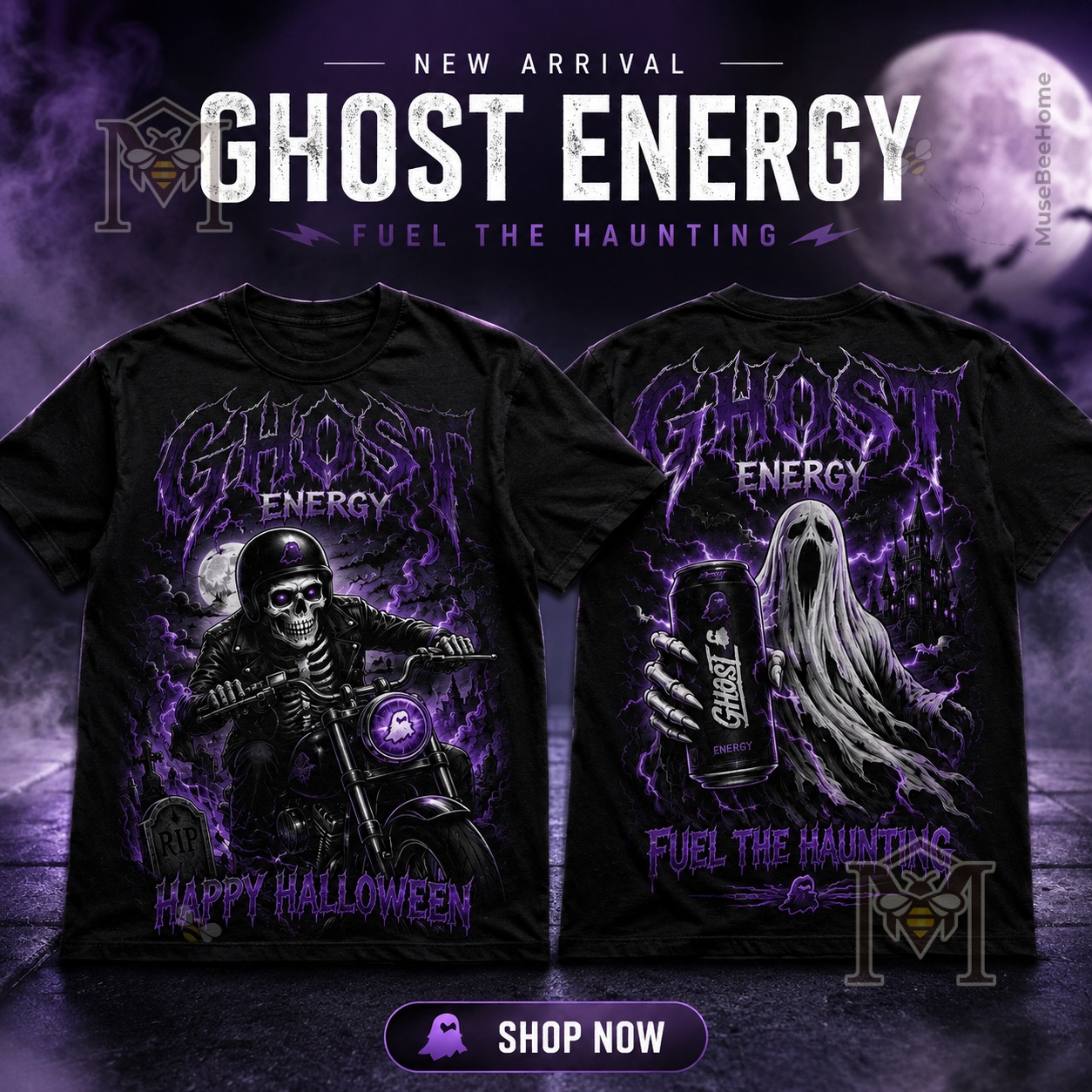Ghost Energy Skeleton Biker Halloween T-Shirt - front and back views with horror artwork
