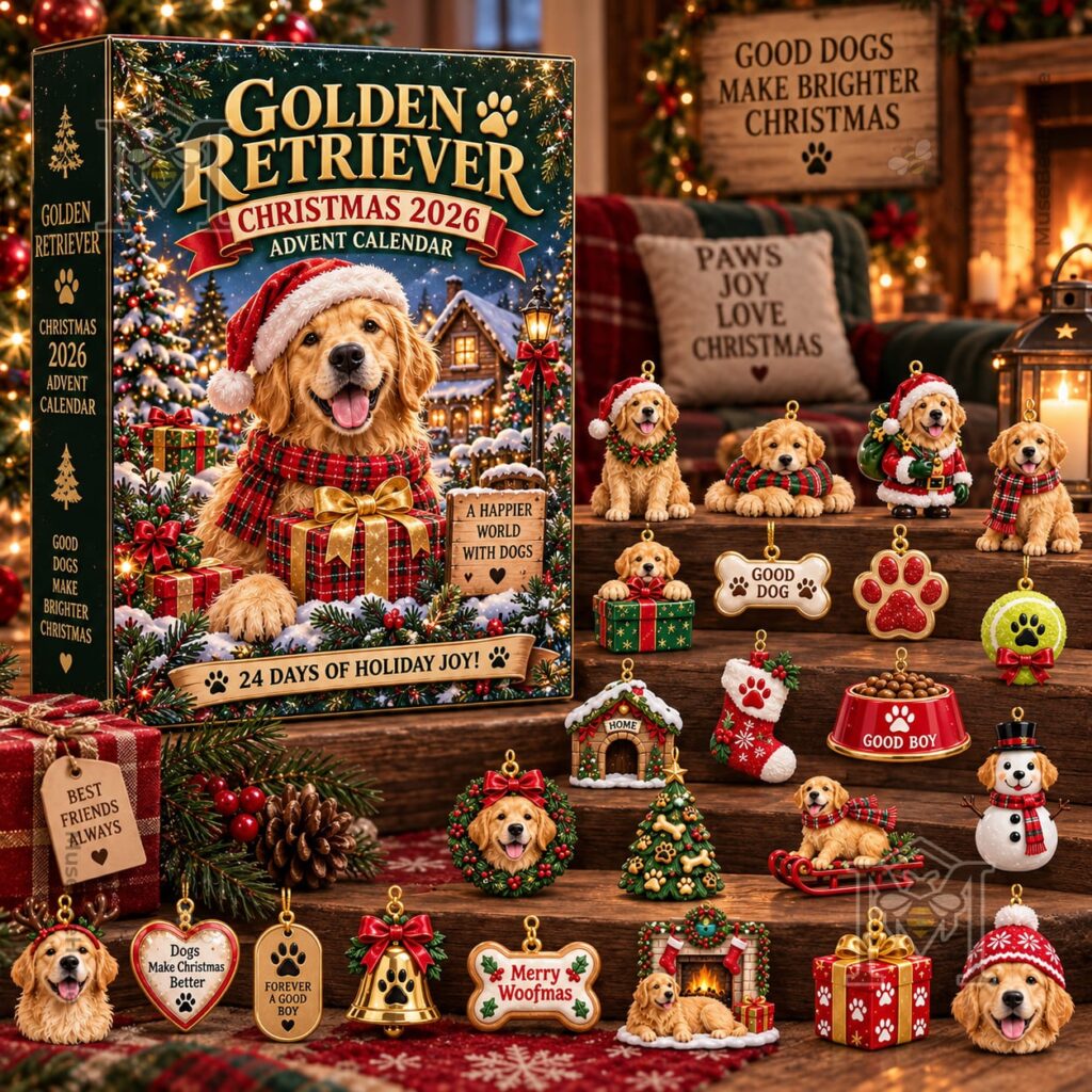 Golden Retriever Christmas 2026 Advent Calendar – Front packaging with festive dog Golden Retriever Christmas 2026 Advent Calendar - front packaging with festive dog illustrations