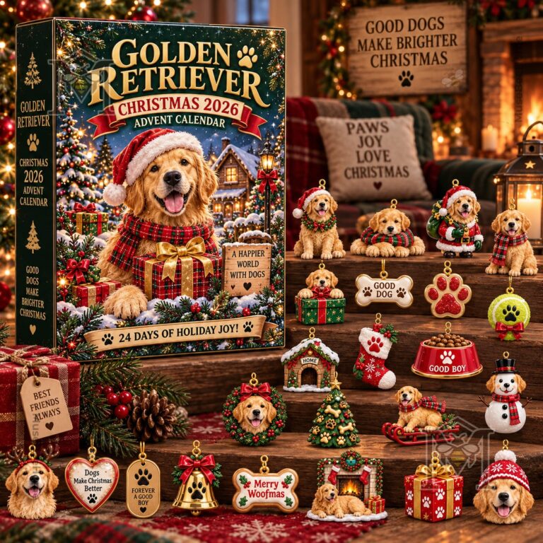Golden Retriever Christmas 2026 Advent Calendar - front packaging with festive dog illustrations