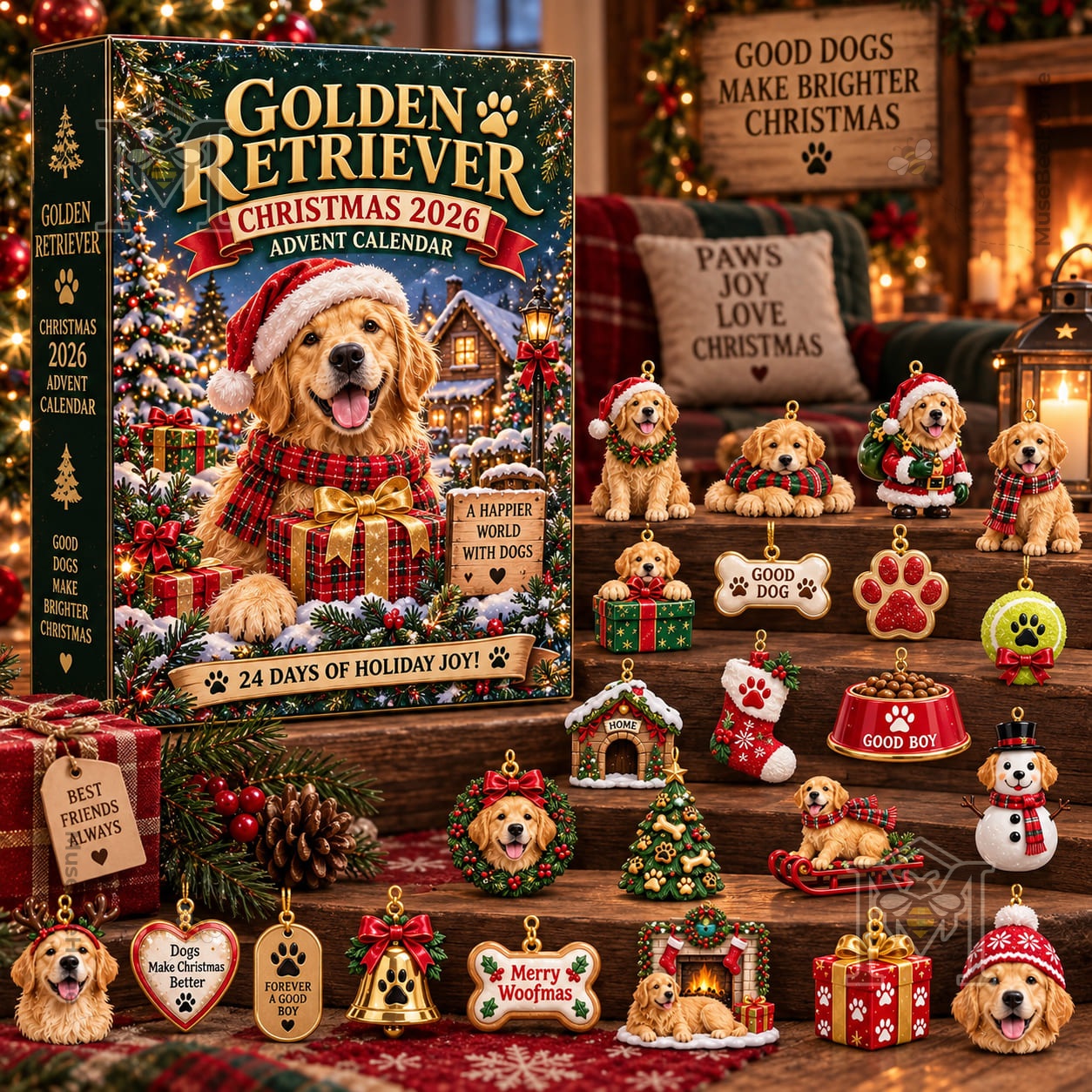 Golden Retriever Christmas 2026 Advent Calendar - front packaging with festive dog illustrations