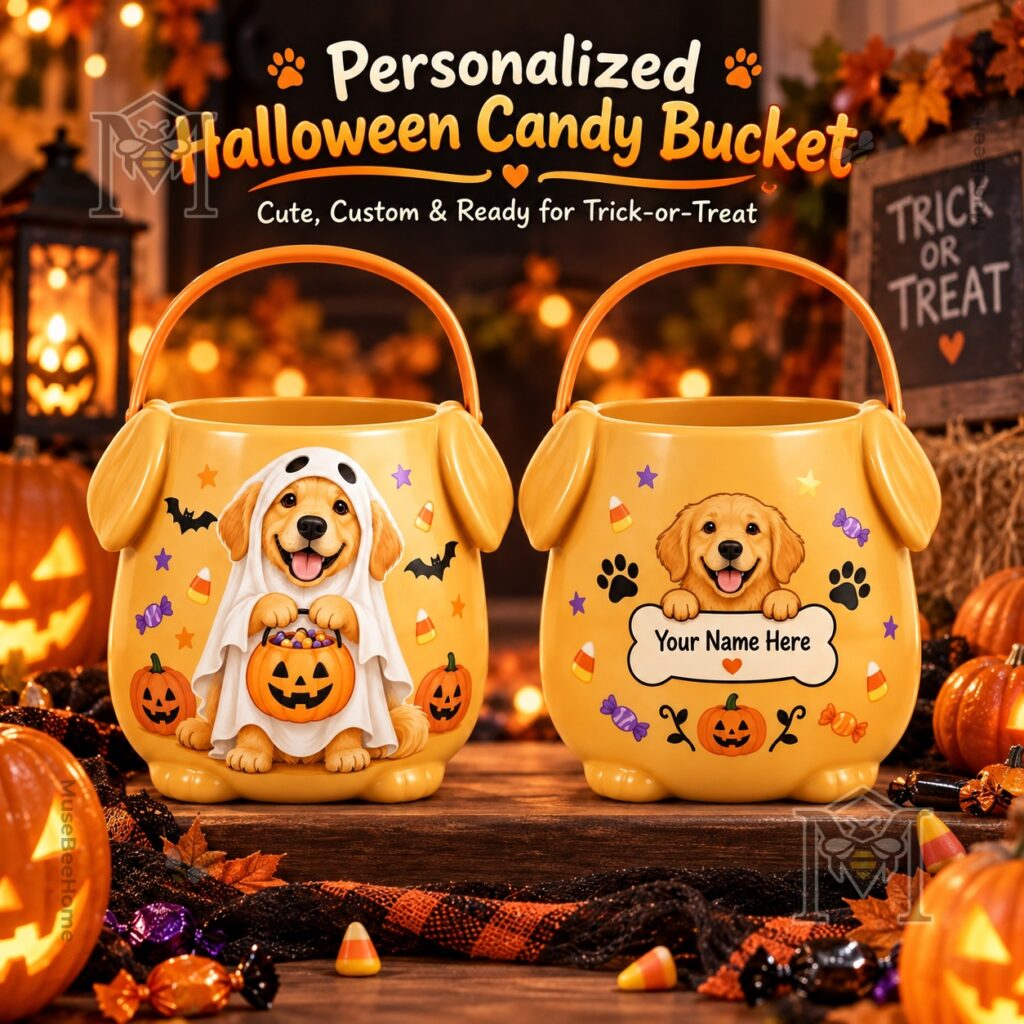 Golden Retriever Trick or Treat Persionalized Candy Bucket – Front view showing two design Golden Retriever Trick or Treat Persionalized Candy Bucket - front view showing two design options