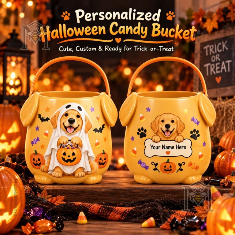 Golden Retriever Trick or Treat Persionalized Candy Bucket - front view showing two design options