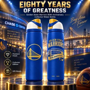 Golden State Warriors 80th Anniversary Water Bottle - front and back views