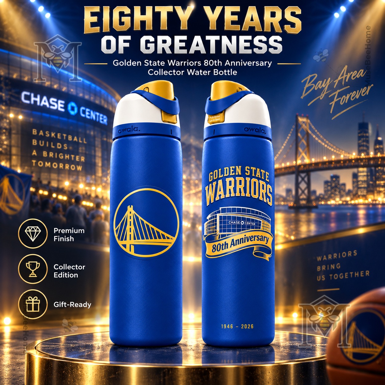 Golden State Warriors 80th Anniversary Water Bottle - front and back views