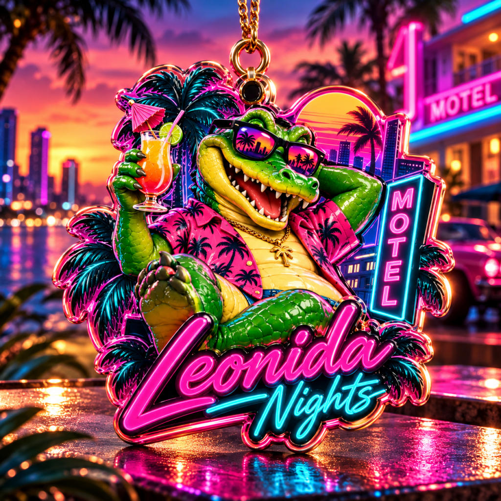 Grand Theft Auto VI Alligator Leonida Nights Ornament - front view with neon motel sign and tropical