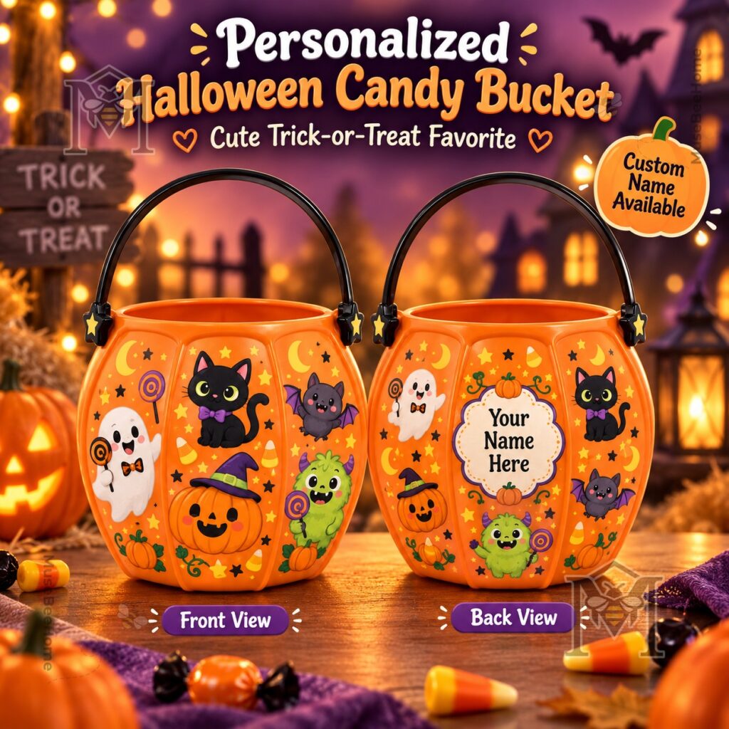 Halloween Personalized Trick-or-Treat Candy Bucket - front and back views with Halloween character designs