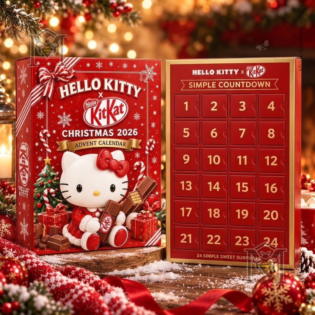 Hello Kitty x KitKat Christmas 2026 Advent Calendar – Front packaging and numbered countdown Hello Kitty x KitKat Christmas 2026 Advent Calendar - front packaging and numbered countdown panel