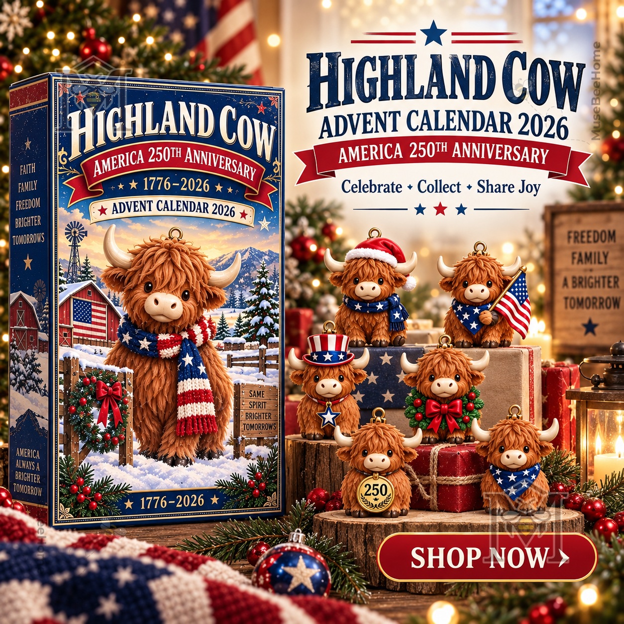 Highland Cow America 250th Anniversary 2026 Advent Calendar - front box and display figures