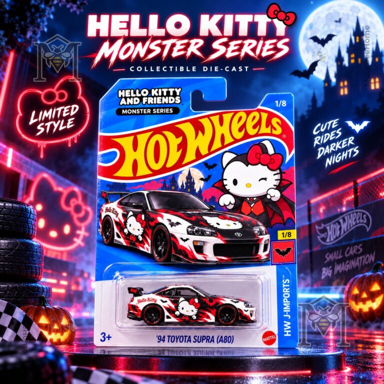 Hello Kitty Monster Series Toyota Supra diecast car in front blister packaging