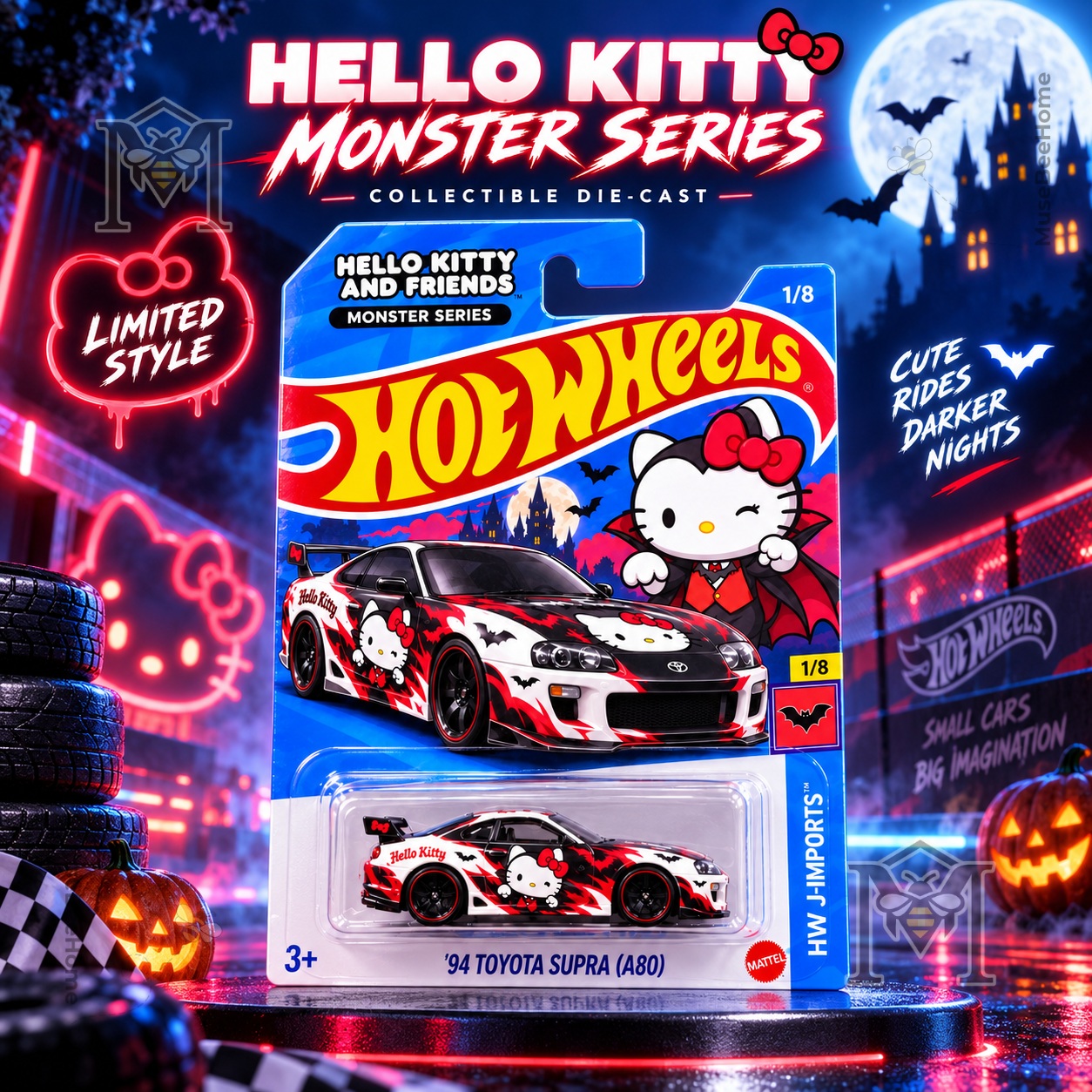Hello Kitty Monster Series Toyota Supra diecast car in front blister packaging