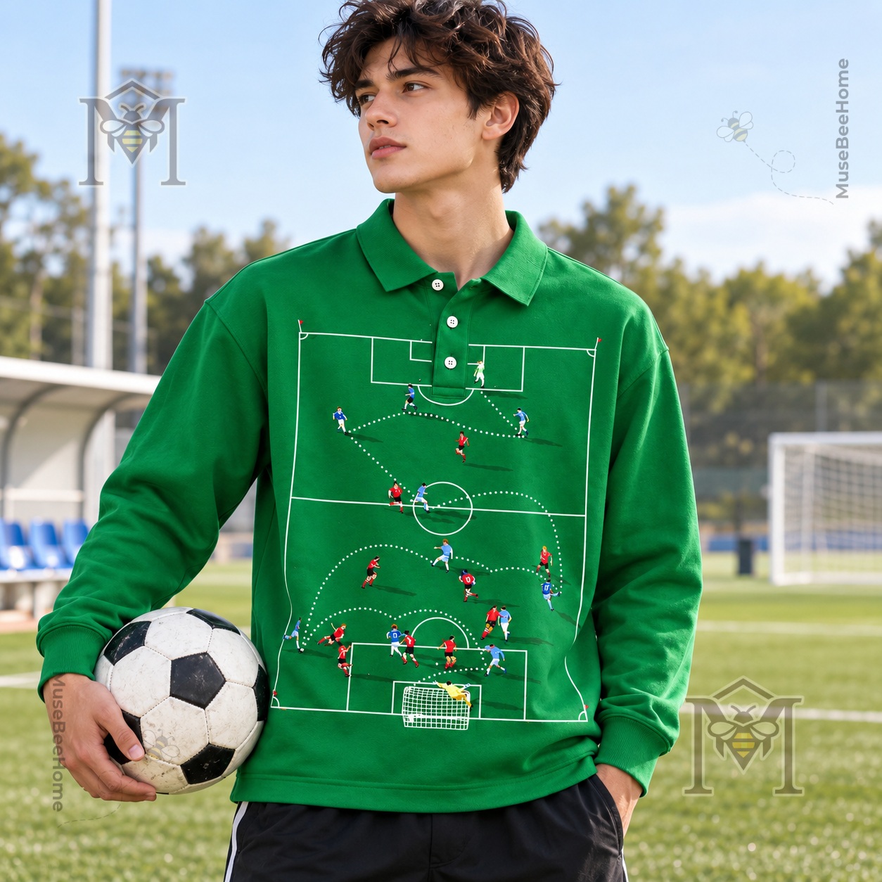 House of Errors FOOTBALL TACTIC RUGBY Polo - green collar and button placket detail