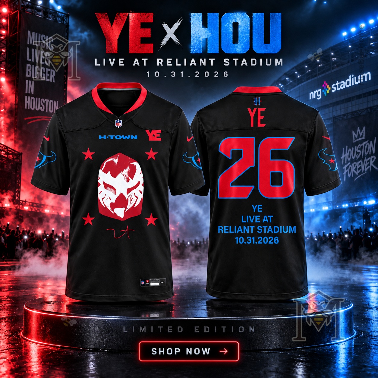 Houston Texans Ye Live at Reliant Stadium 2026 Jersey - front and back views