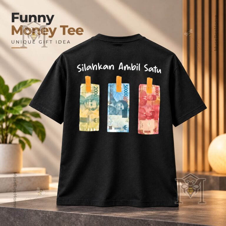 Indonesian Rupiah Silahkan Ambil Satu Please Take One T-Shirt - back view with three banknote graphics