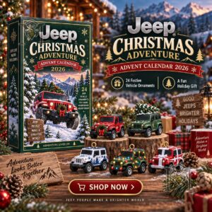 Jeep Christmas Adventure 2026 Advent Calendar - boxed calendar with miniature Jeep ornaments displayed