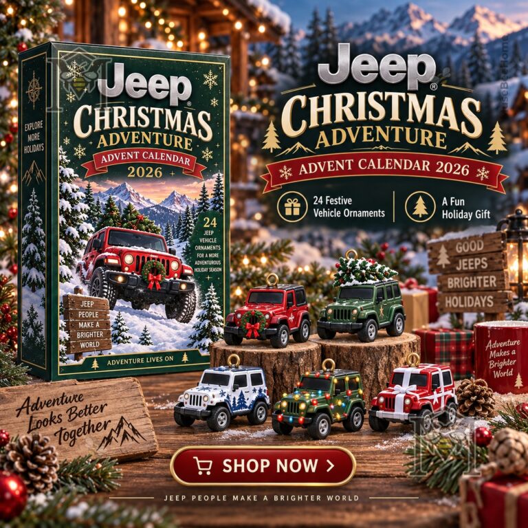 Jeep Christmas Adventure 2026 Advent Calendar - boxed calendar with miniature Jeep ornaments displayed