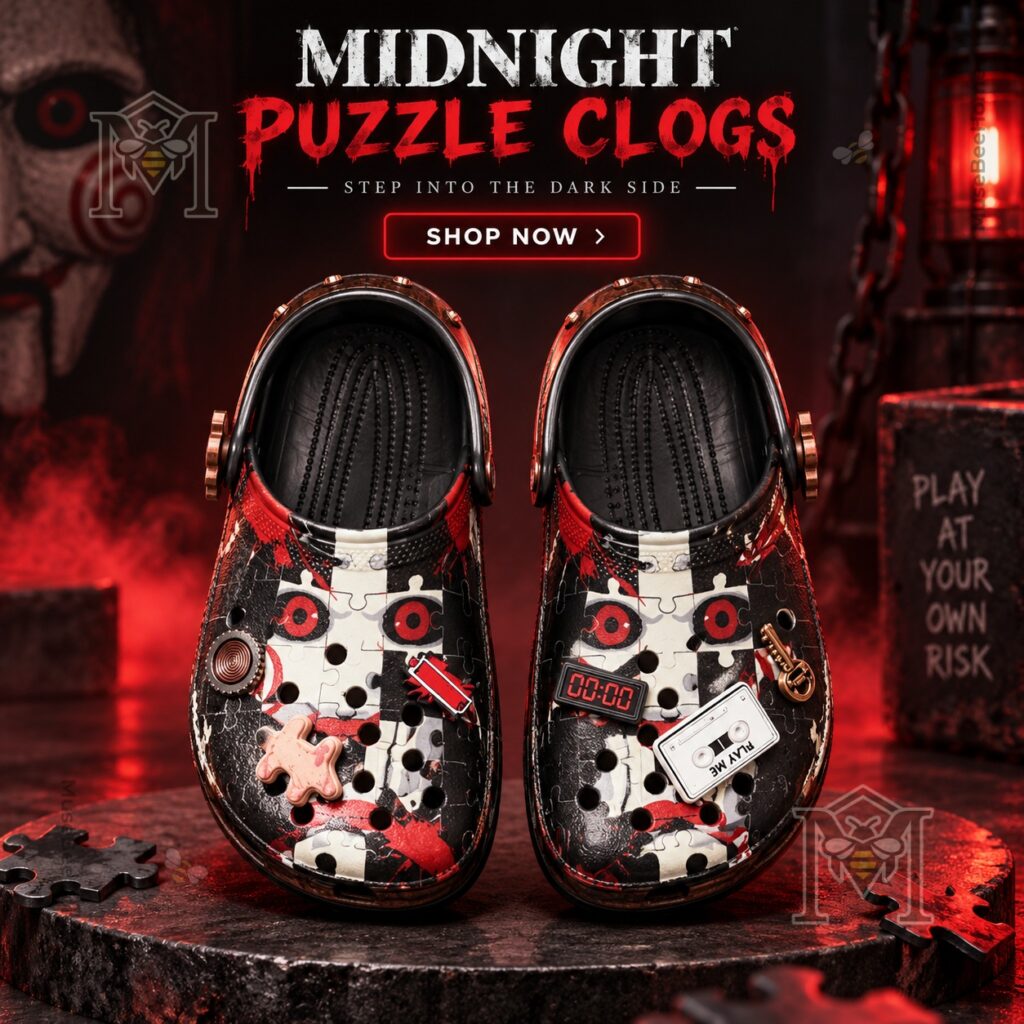Jigsaw Midnight Puzzle Horror Crocs Clogs – Front view with puzzle-face graphics Jigsaw Midnight Puzzle Horror Crocs Clogs - front view with puzzle-face graphics and attached charms