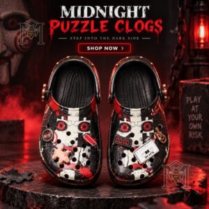Jigsaw Midnight Puzzle Horror Crocs Clogs - front view with puzzle-face graphics and attached charms