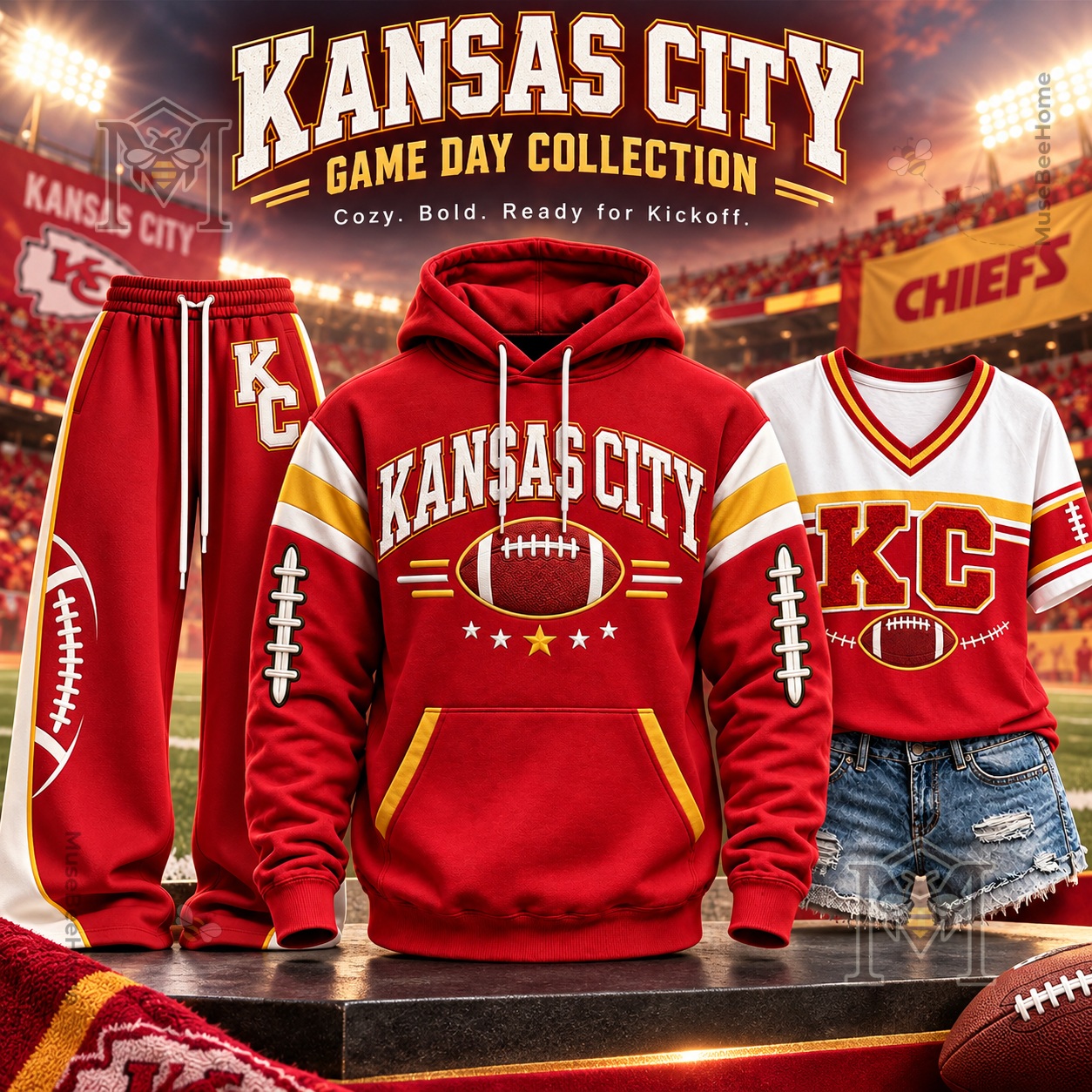 Kansas City Chiefs Game Day V-Neck T-Shirt and Hoodie shown beside coordinating hoodie and joggers