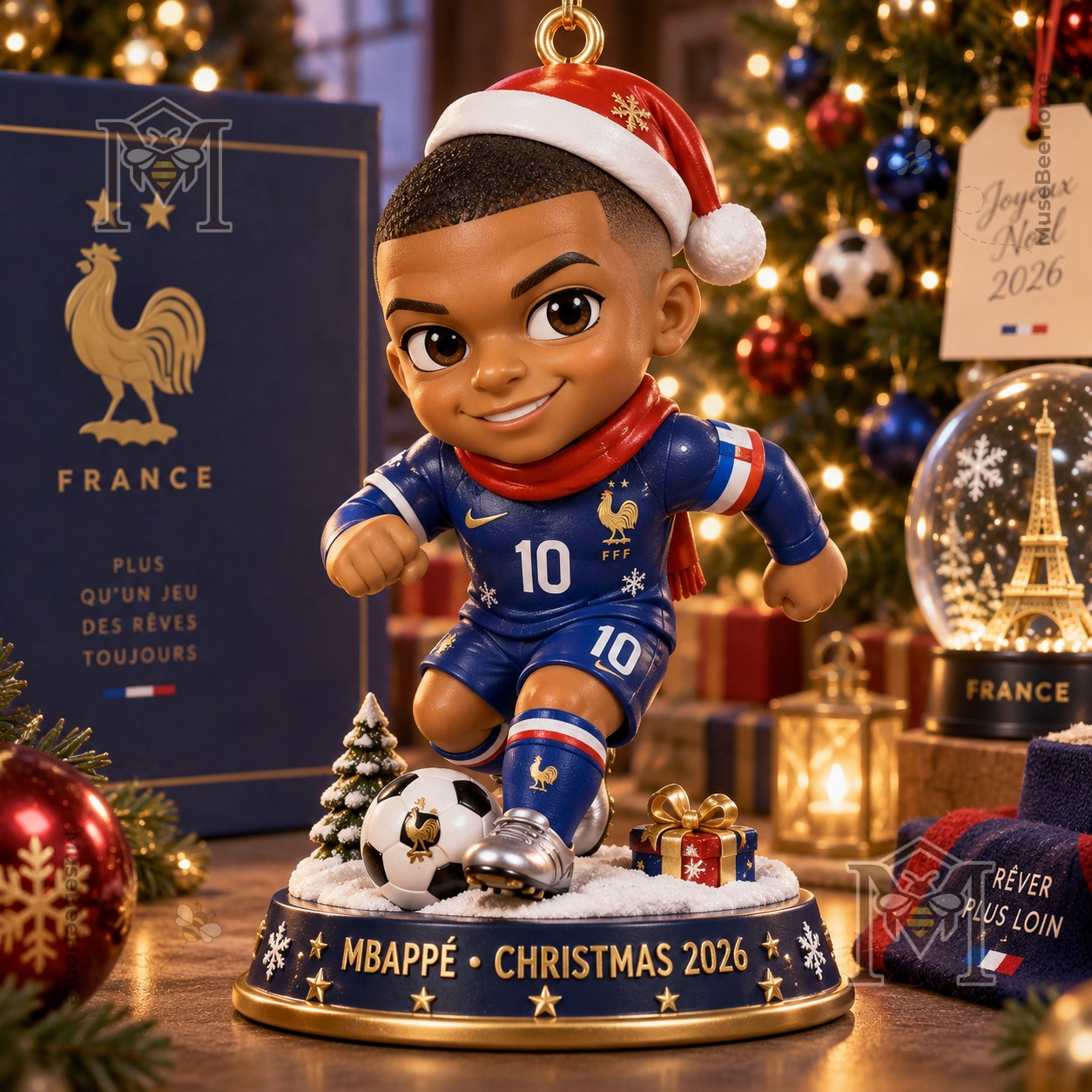 Front detail showing Santa hat, number 10 kit, and football