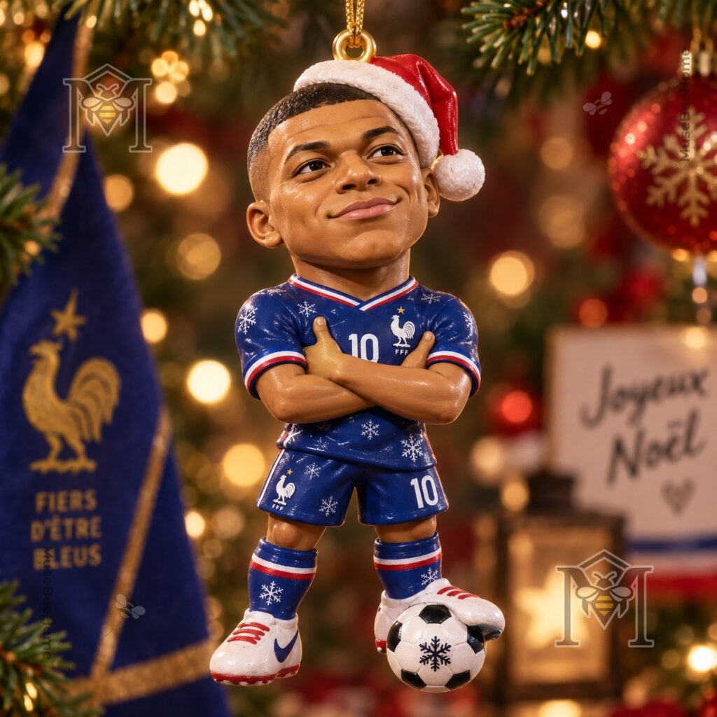 Full ornament view with gold hanging loop and crossed arms