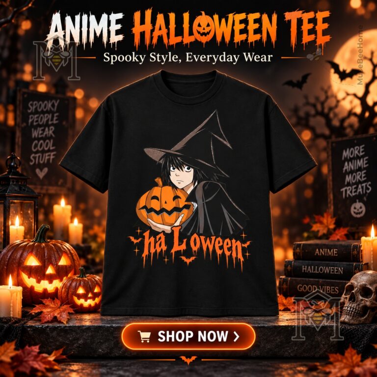 L Lawliet Anime Halloween Pumpkin T-Shirt - front view showing witch hat and pumpkin artwork