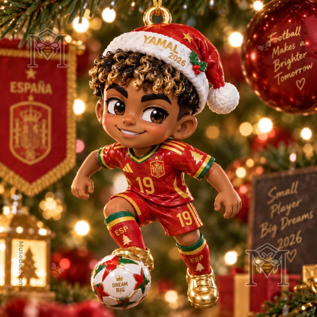 Lamine Yamal Christmas 2026 Ornament - front view showing Santa hat and Spain football kit