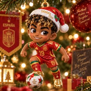 Lamine Yamal Christmas 2026 Ornament - front view showing Santa hat and Spain football kit