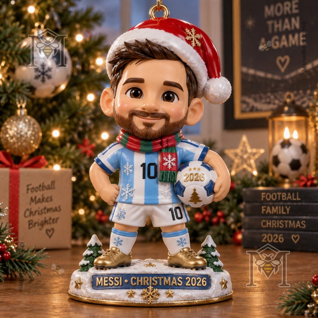 Lionel Messi Christmas 2026 Ornament - front view showing figurine and decorated base
