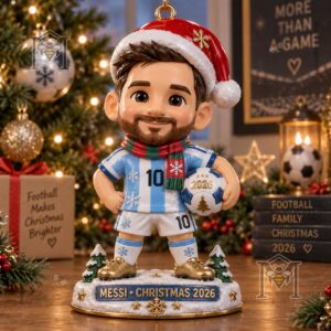 Lionel Messi Christmas 2026 Ornament - front view showing figurine and decorated base