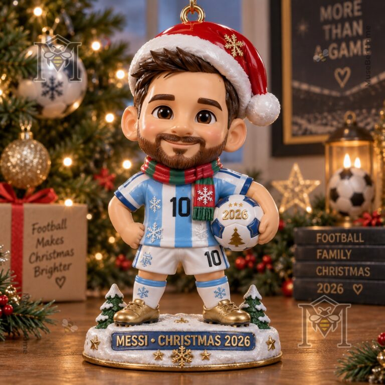 Lionel Messi Christmas 2026 Ornament - front view showing figurine and decorated base