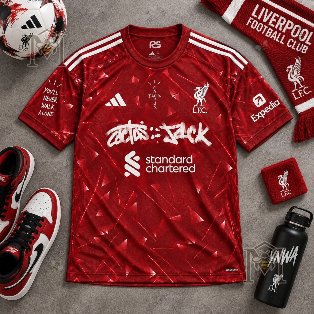 Liverpool Football Club Travis Scott Cactus Jack Home Jersey – Front view Liverpool Football Club Travis Scott Cactus Jack Home Jersey - front view