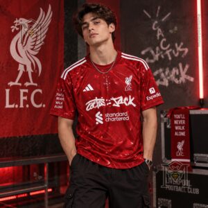 Liverpool Football Club Travis Scott Cactus Jack Home Jersey - angled view showing sleeve details