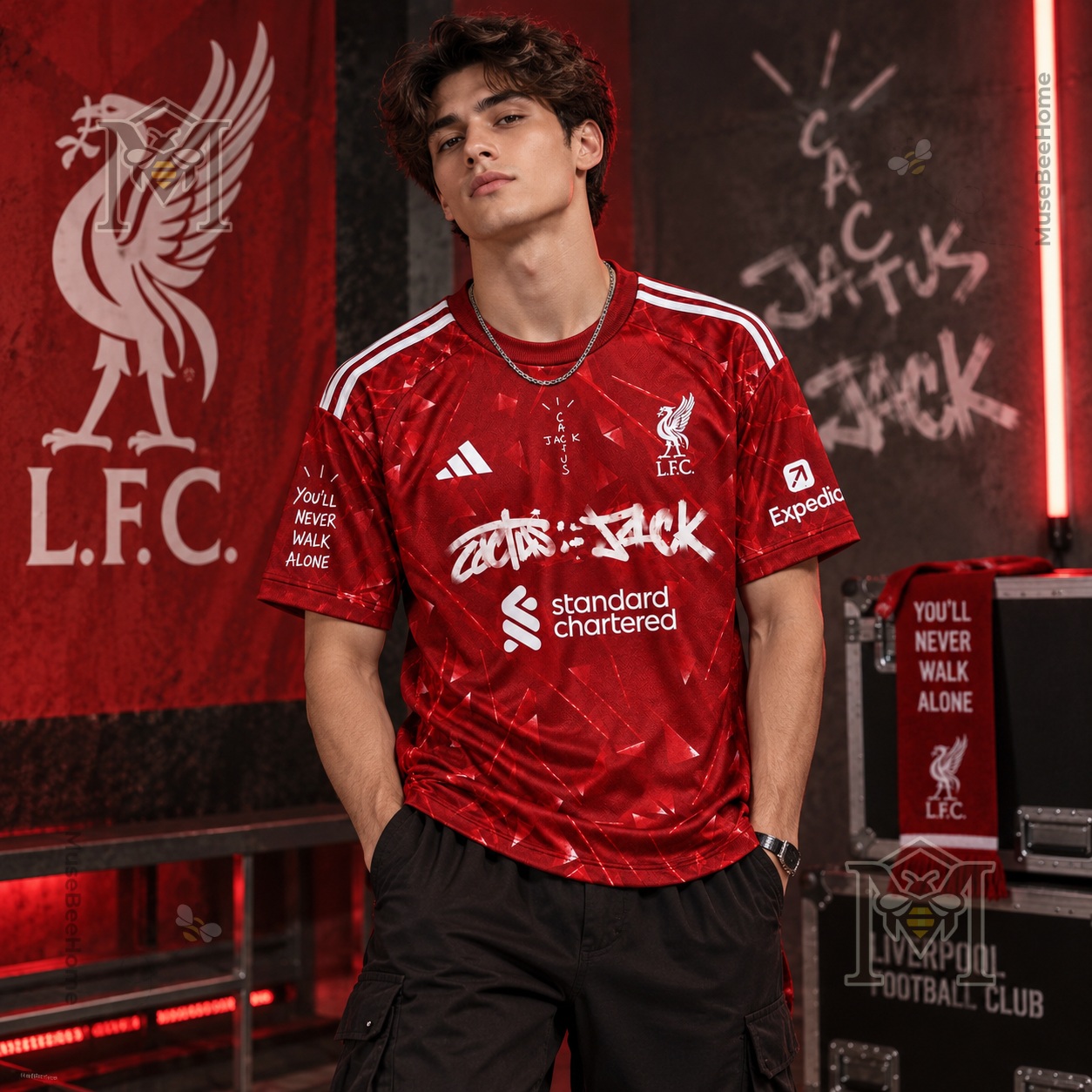 Liverpool Football Club Travis Scott Cactus Jack Home Jersey - angled view showing sleeve details