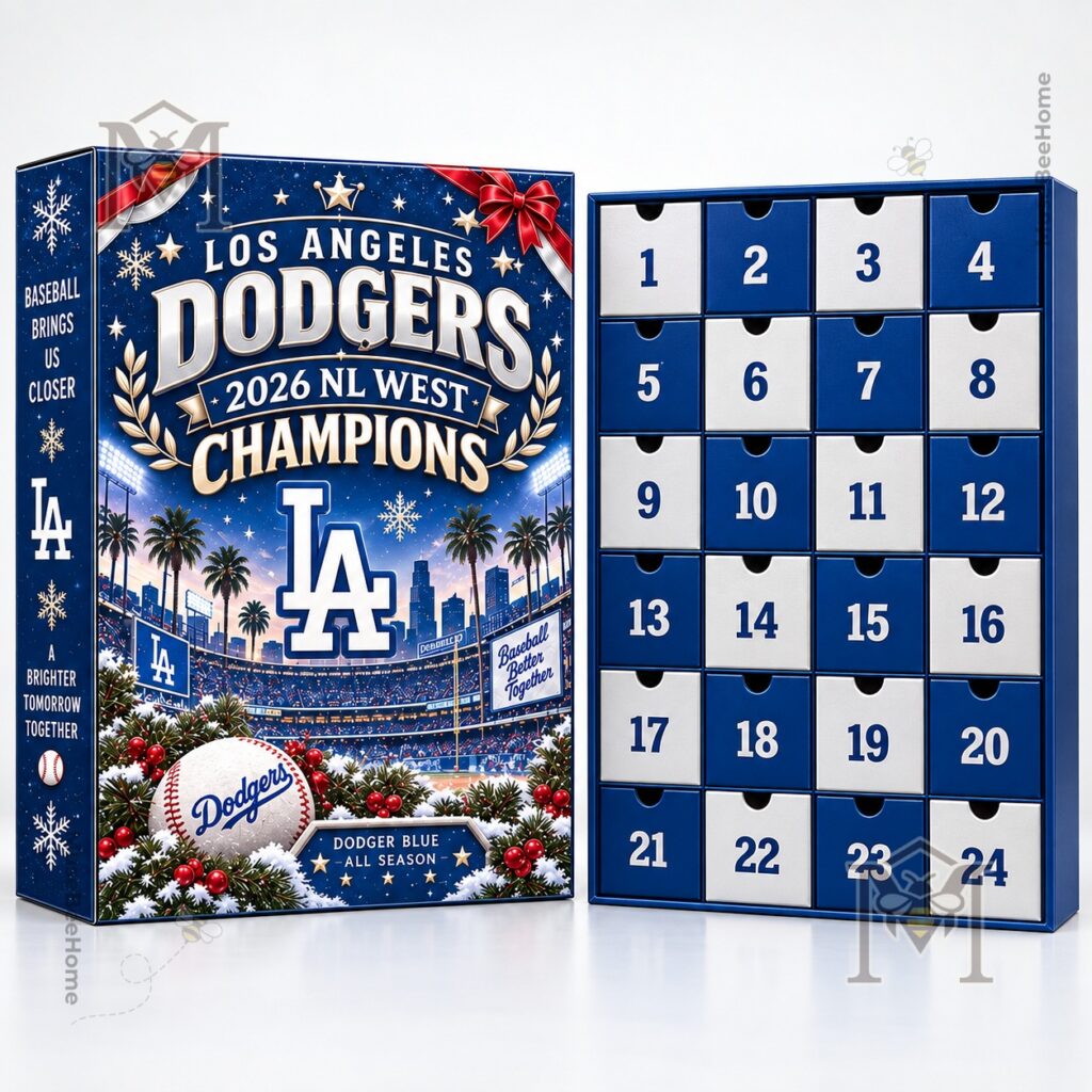 Los Angeles Dodgers 2026 NL West Champions Advent Calendar - angled box with Dodgers character figures