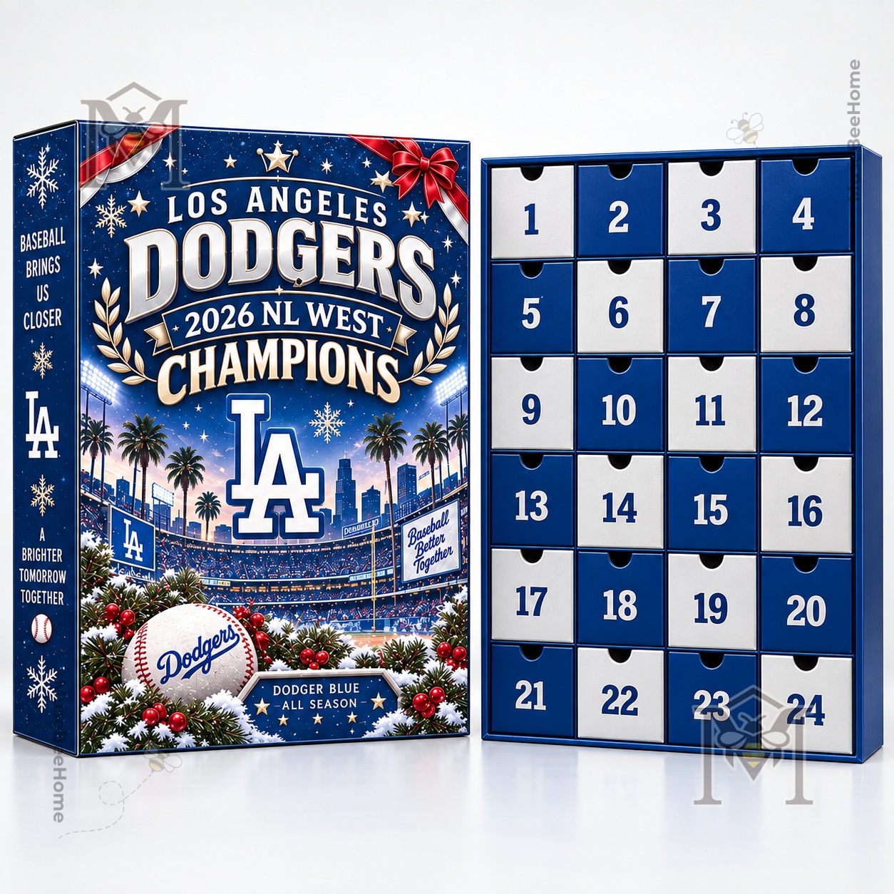 Los Angeles Dodgers 2026 NL West Champions Advent Calendar - angled box with Dodgers character figures