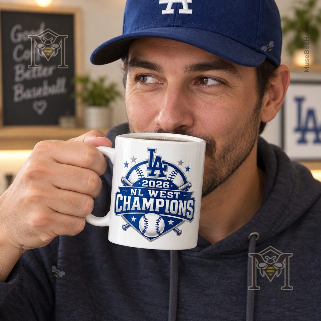 Los Angeles Dodgers 2026 NL West Champions Mug - angled view showing handles