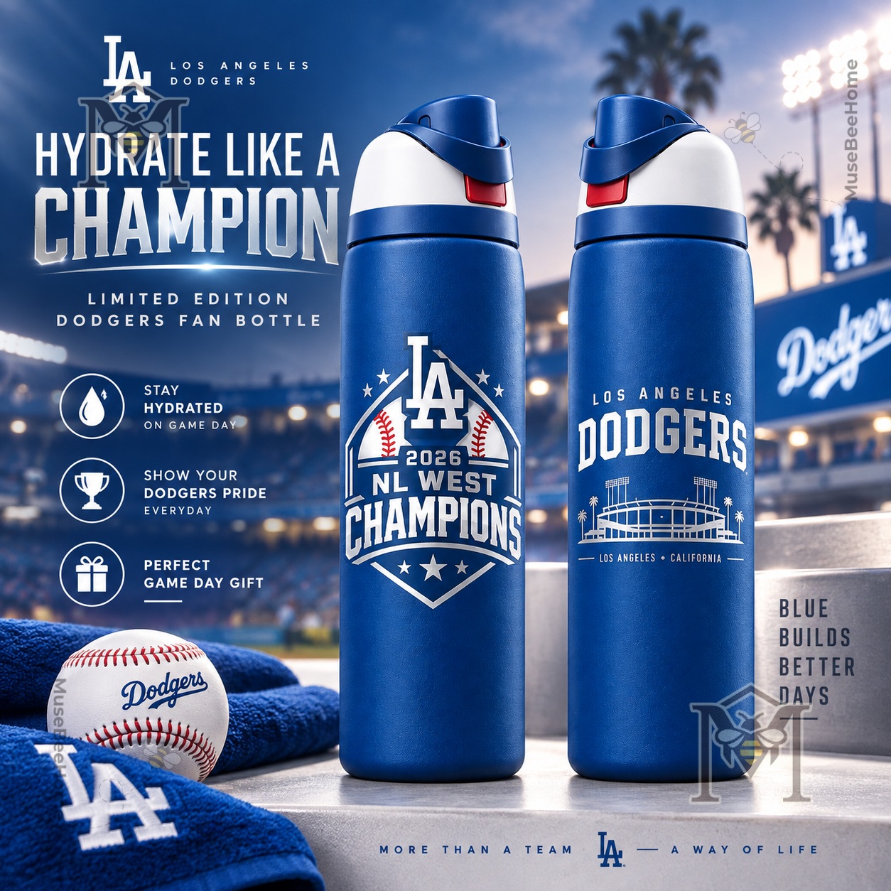 Los Angeles Dodgers 2026 NL West Water Bottle - front and back views