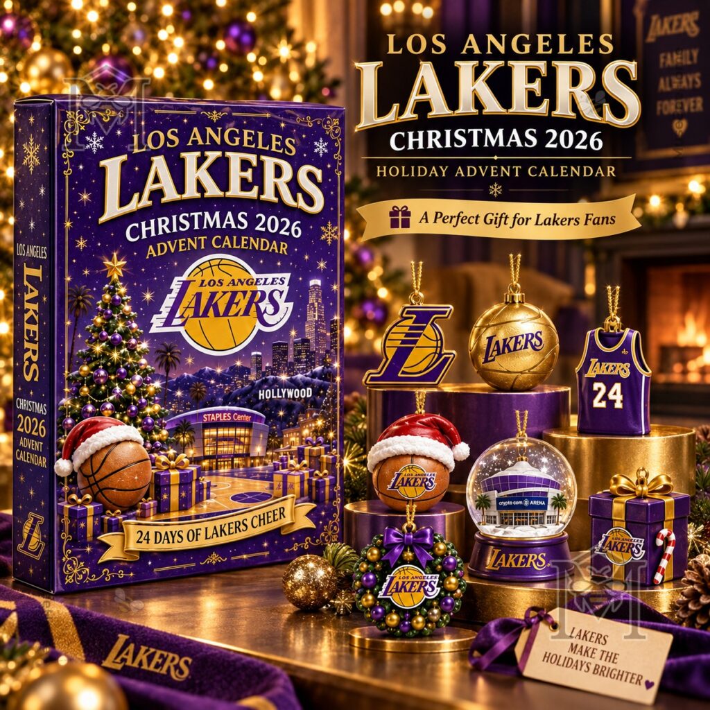 Los Angeles Lakers Christmas 2026 Advent Calendar – Front box and themed ornaments Los Angeles Lakers Christmas 2026 Advent Calendar - front box and themed ornaments display