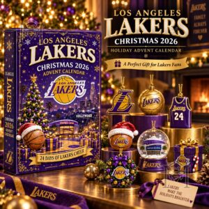 Los Angeles Lakers Christmas 2026 Advent Calendar - front box and themed ornaments display