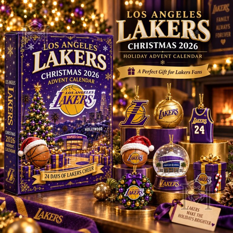 Los Angeles Lakers Christmas 2026 Advent Calendar - front box and themed ornaments display