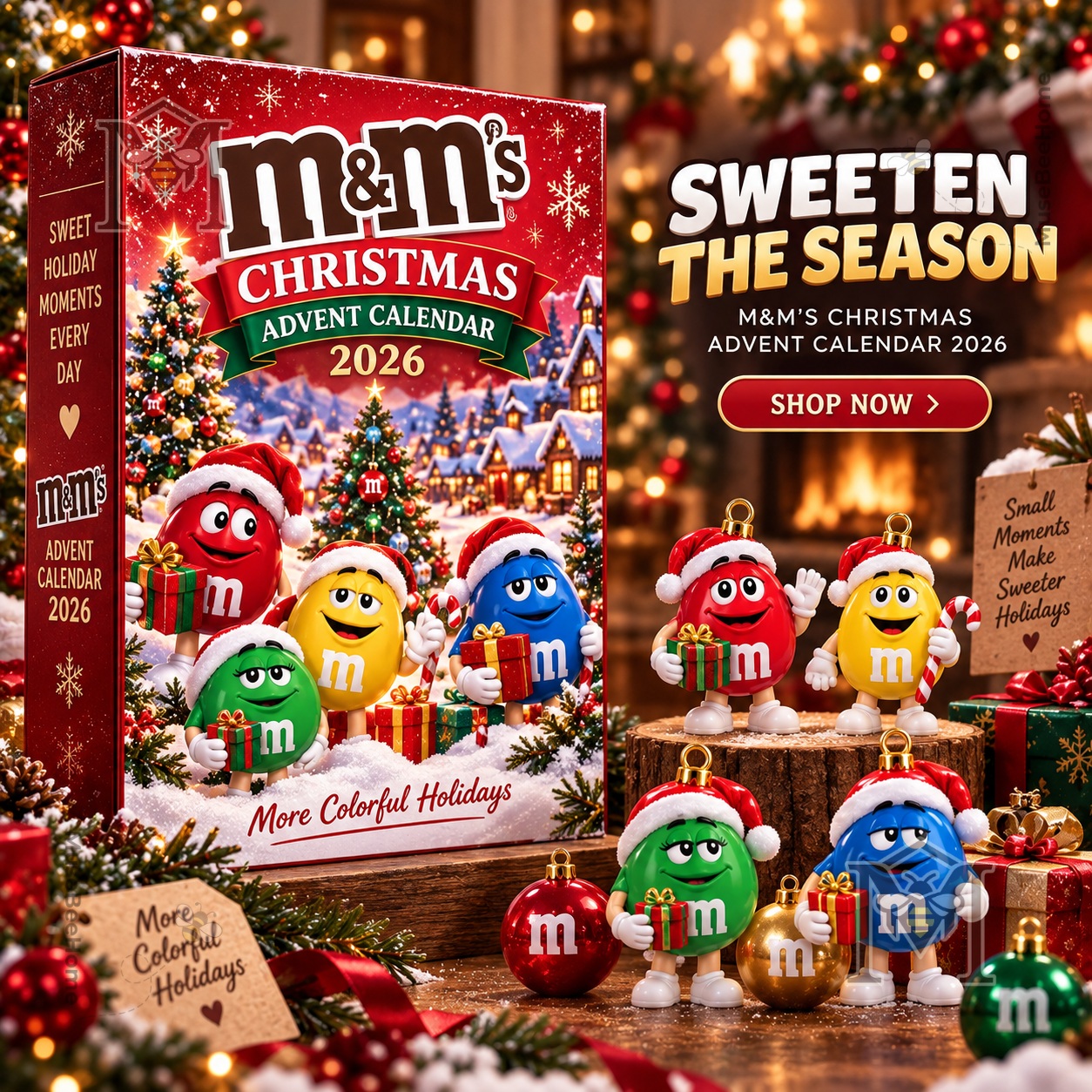 M&M's Christmas Advent Calendar 2026 - box and holiday character display