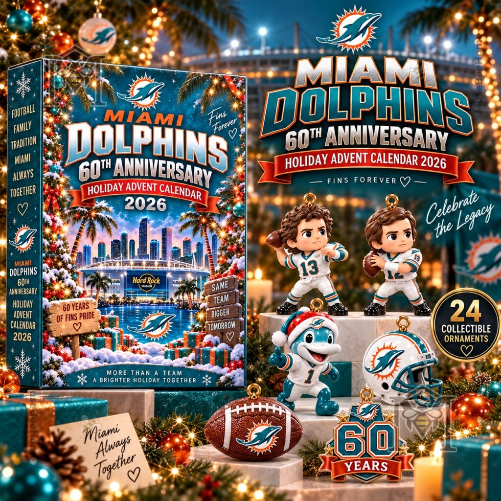 Miami Dolphins 60th Anniversary Advent Calendar 2026 – Front box and collectible ornament Miami Dolphins 60th Anniversary Advent Calendar 2026 - front box and collectible ornament display