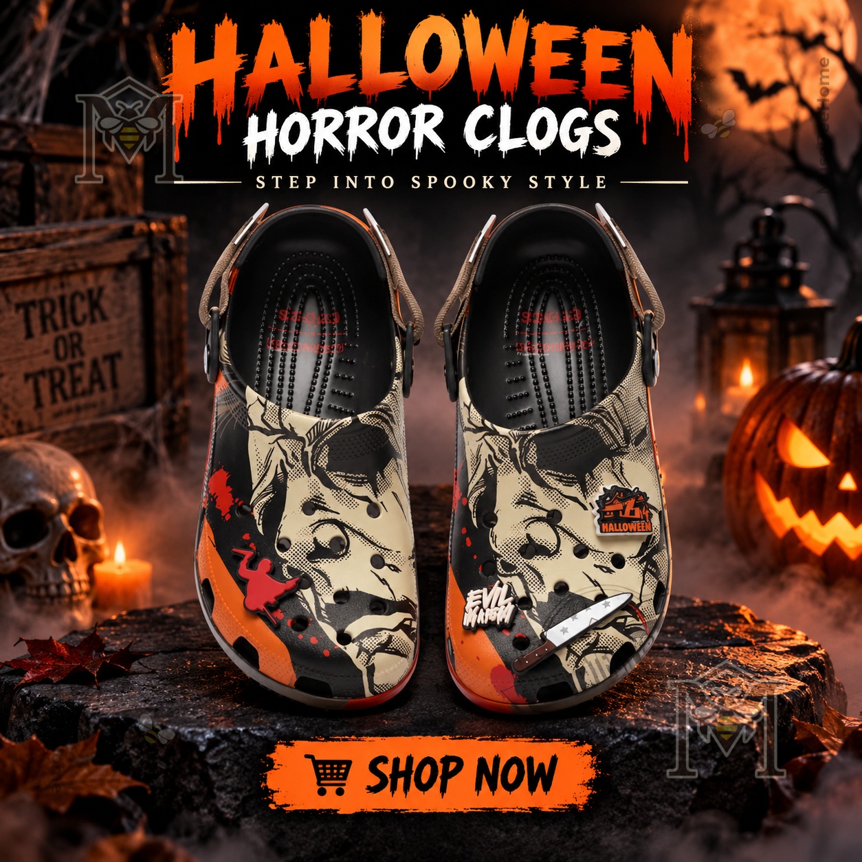 Michael Myers Halloween Horror Crocs Clogs - front view with horror graphics and charms