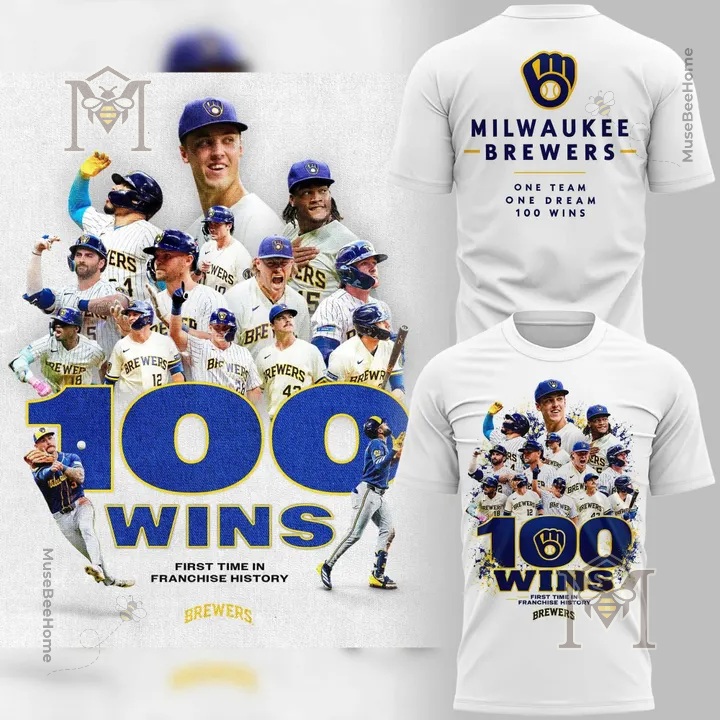 Milwaukee Brewers 100 Wins T-Shirt - front and back views with player collage