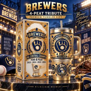 Milwaukee Brewers 2026 NL Central 4-Peat Tribute Tumbler - front angled view with handle
